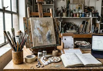 Creative business planner beside art prints and shipping supplies