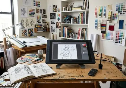 Illustration tools with sketchbook, tablet, and ink pens on a desk